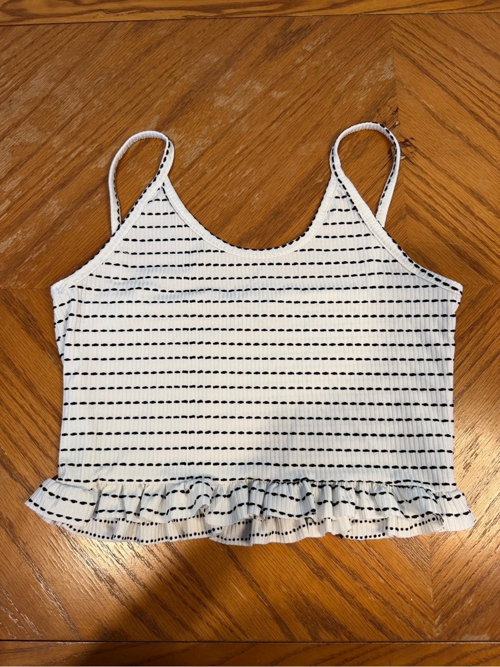 Angel White Tank Top with Black Stripes and Ruffle Hem